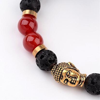 Эластичные браслеты из бусин из натуральной лавы, с естественными бусинками драгоценных камней и сплава 3d головы Будды бисера, античное золото 