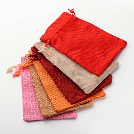 Polyester Imitation Burlap Packing Pouches Drawstring Bags, Mixed Style, 13.5x9.5cm