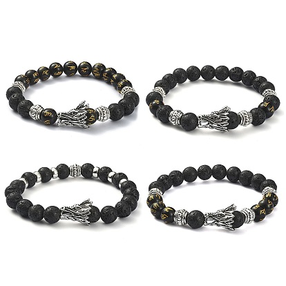 4Pcs 4 Style Om Mani Padme Hum Mala Bead Bracelets Set, Natural Lava Rock & Obsidian & Alloy Dragon Beaded Stretch Bracelets for Women