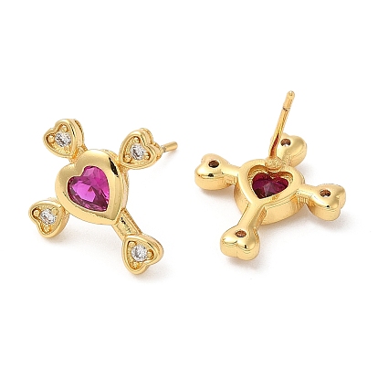 Rack Plating Brass Cross with Love Stud Earrings with Cubic Zirconia, Lead Free & Cadmium Free