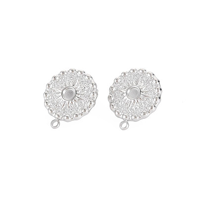 304 Stainless Steel Stud Earring Findings, Earring Setting for Enamel, with Ear Nuts and Loop, Flat Round with Sun