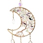 Natural Fluorite Chips Beaded Moon with Tree of Life Hanging Sun Catchers, with Glass Teardrop, with Iron Findings