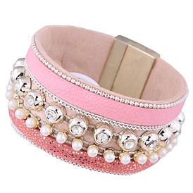 Chic and Versatile Crystal Pearl Leather Bracelet with Magnetic Clasp