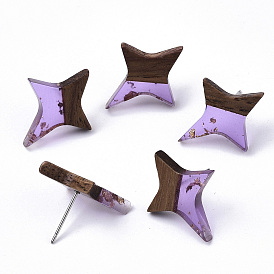 Transparent Resin & Walnut Wood Stud Earrings, with 304 Stainless Steel Pin and Gold Foil, Star