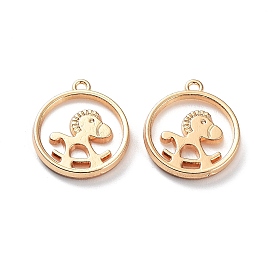 Rack Plating Alloy Resin Imitation Shell Pendants, Flat Round with Rocking Horse Charms