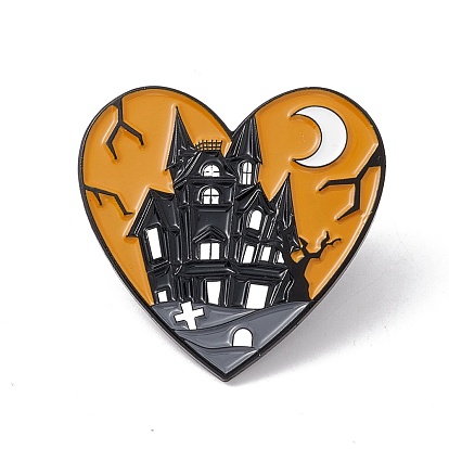 Heart with Castle Enamel Pin, Halloween Alloy Badge for Backpack Clothes, Electrophoresis Black
