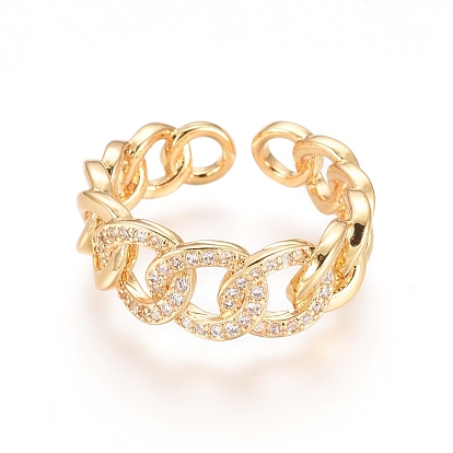 Adjustable Brass Finger Rings, Cuff Rings, Open Rings, with Micro Pave Clear Cubic Zirconia, Long-Lasting Plated