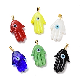 Handmade Lampwork Pendants, with Real 18K Gold Plated Brass Findings, Cadmium Free & Lead Free, Hamsa Hand/Hand of Miriam with Evil Eye