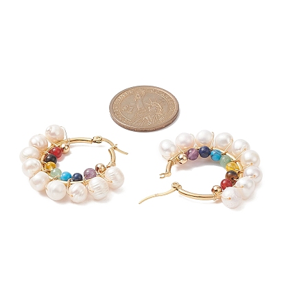 Boucles d'oreilles créoles en pierres précieuses et perles mélangées naturelles et synthétiques, 304 bijoux en fil d'acier inoxydable pour femmes