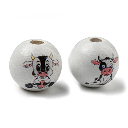 Perles européennes en bois naturel peintes à la bombe, rond avec motif de vache mixte