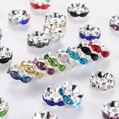 Séparateurs perles en verre avec strass en laiton, grade de aaa, bord ondulé, sans nickel, couleur argent plaqué, rondelle, 8x3.8mm, Trou: 1.5mm