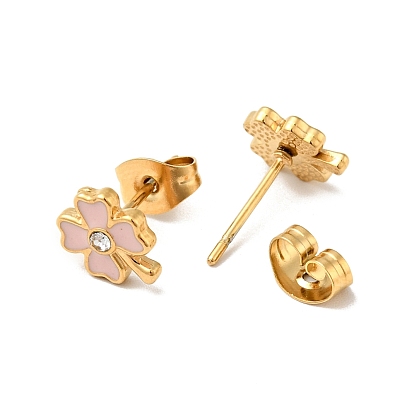 Enamel Clover with Crystal Rhinestone Stud Earrings with 316 Surgical Stainless Steel Pins, 304 Stainless Steel Jewelry for Women