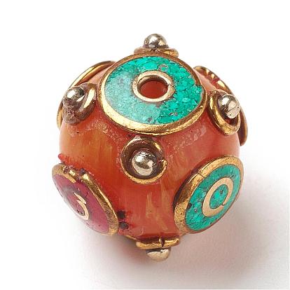 Perles de style tibétain, avec turquoise synthétique, corail synthétique, imitations de cire d'abeille et de laiton, ronde