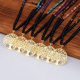Collier pendentif arbre de vie en acier inoxydable, avec des chaînes de perles de pierres précieuses naturelles mélangées