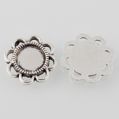 Tibetan Style Antique Silver Alloy Flower Tray Cabochon Settings, Cadmium Free & Lead Free