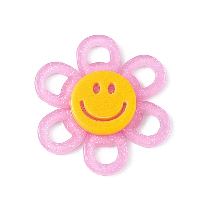 Cabochons acryliques, avec de la poudre de paillettes, fleur avec le visage souriant