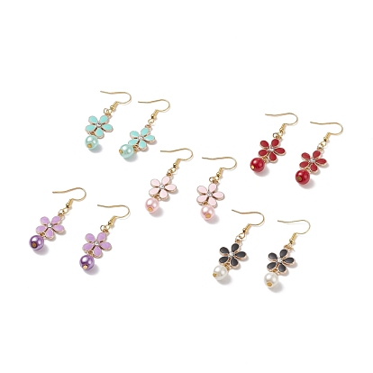 Boucles d'oreilles pendantes fleur strass avec perle de verre, plaqué or 304 bijoux en acier inoxydable pour femmes