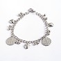 Heart & Flat Round 304 Stainless Steel Charm Bracelets, with Lobster Claw Clasps, 8-1/8 inch(205mm), 5mm