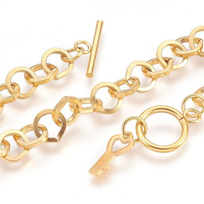 Ion Plating(IP) 304 Stainless Steel Cable Chain Bracelets, with Toggle Clasps and Key Shape Charm