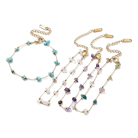 Natural & Synthetic Mixed Gemstone Chips Beaded Chain Bracelets, with Golden 316 Surgical Stainless Steel Chains