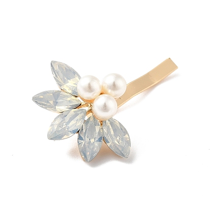 Glass & ABS Plastic Imitation Pearl Hair Findings, Pony Hook, with Alloy Findings, Flower