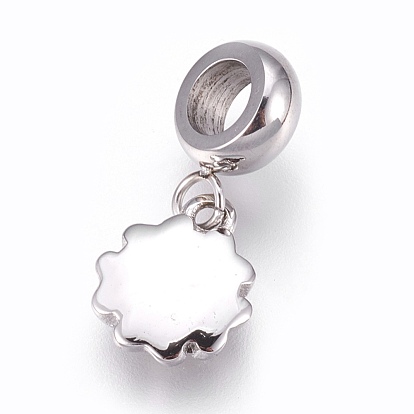 304 Stainless Steel European Dangle Charms, Large Hole Pendants, with Rhinestone, Flower