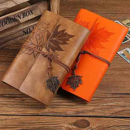 PU Leather Cover 6 Ring Binder Notebooks, Travel Journal, with String, Maple Leaf Pendants & Wood-free Paper, Rectangle