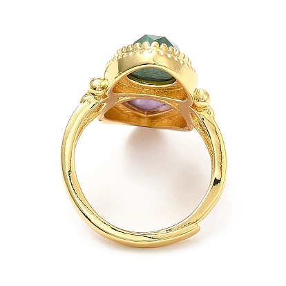 Natural Amethyst & Gemstone Twist Rhombus Adjustable Ring, Real 18K Gold Plated Brass Wide Ring for Women, Cadmium Free & Lead Free