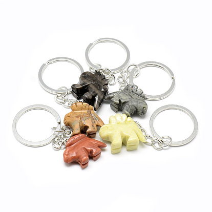 Synthetic & Natural Gemstone Keychain, with Iron Findings, Dinosaur, Platinum