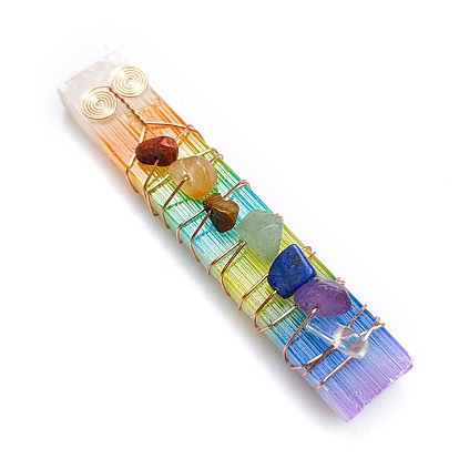Chakra Jewelry, Natural Selenite Home Decorations, Brass Wire Wrapped Natural Gemstone Display Decorations, Rectangle