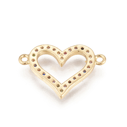 Brass Micro Pave Cubic Zirconia Links, Long-Lasting Plated, Lead Free & Cadmium Free & Nickel Free, Heart, Colorful