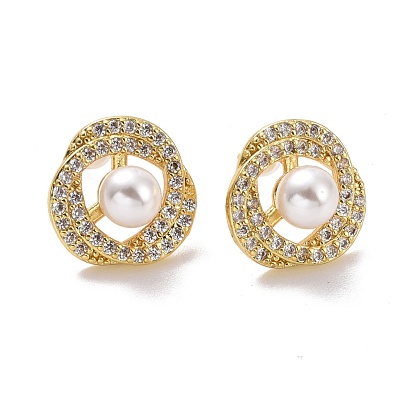 Clear Cubic Zirconia Flower with Plastic Pearl Stud Earrings, Brass Jewelry for Women, Cadmium Free & Lead Free