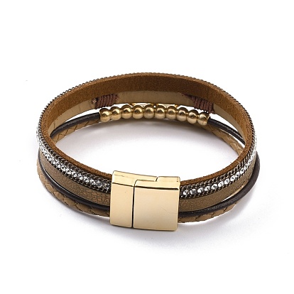 PU Leather Braided Multi-strand Bracelet, Interlocked Ring Bracelet with Magnetic Clasp for Women, Light Gold