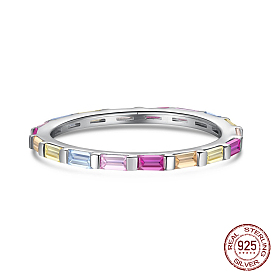 Rhodium Plated Sterling Silver Finger Rings, with Colorful Rectangle Cubic Zirconia, with S925 Stamp