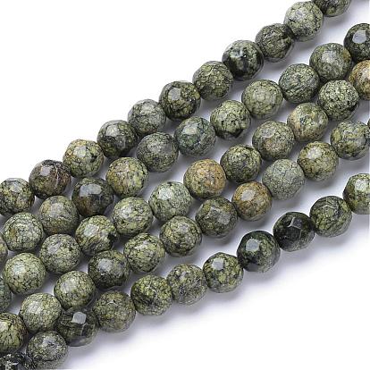 Natural Serpentine/Green Lace Stone Bead Strands, Faceted Round