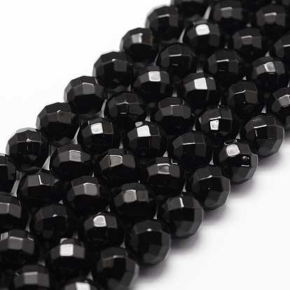 Natural Black Onyx Beads Strands, Grade A, Faceted, Dyed & Heated, Round