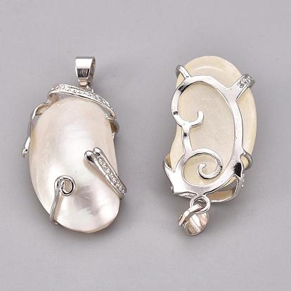 Natural White Shell Mother of Pearl Shell Pendants, with Platinum Plated Brass Findings