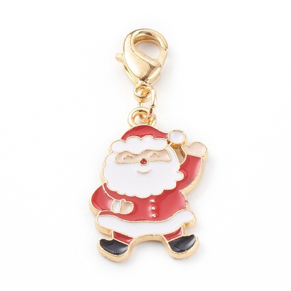 Christmas Themed Alloy Enamel Pendants, with Brass Lobster Claw Clasps, Santa Claus