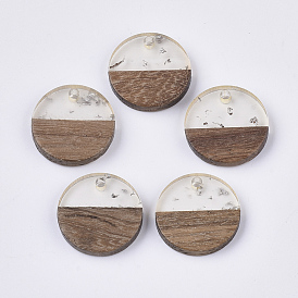 Transparent Resin & Walnut Wood Pendants, with Foil, Flat Round