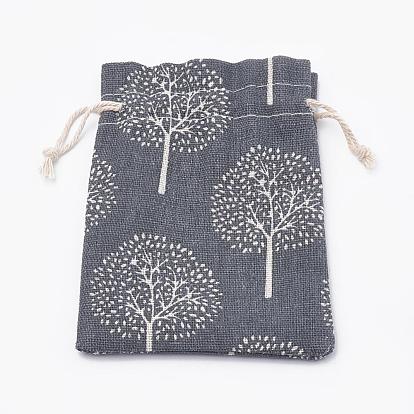 Polycotton(Polyester Cotton) Packing Pouches Drawstring Bags, with Printed Tree