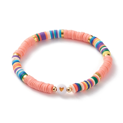 Bracelets extensibles de perles heishi en argile polymère, avec des perles de coeur en émail acrylique et des perles en laiton