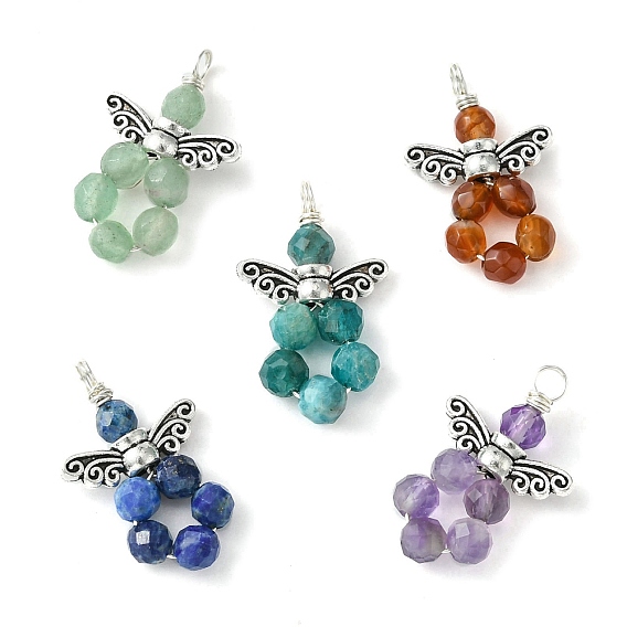 5Pcs 5 Styles Natural Mixed Gemstone Faceted Pendants, Angel Charms with Antique Silver Tone Alloy Wings