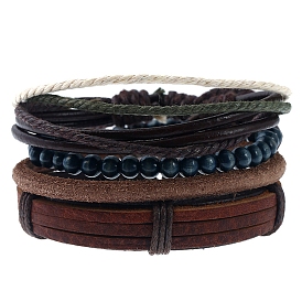 4Pcs 4 Style Adjustable Braided Cowhide Leather Cord Bracelets Set, Wood Beaded Stretch Bracelets with Waxed Cord for Men