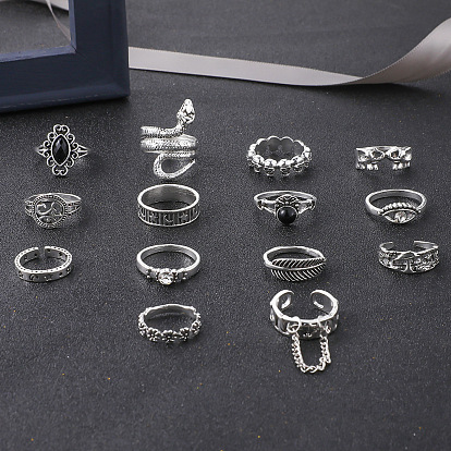 14 piezas 14 estilo rombo y ojo y serpiente y elefante y pluma y tema de yoga conjunto de anillos de dedo de diamantes de imitación, joyas de aleación para mujer