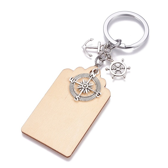 Porte-clés en bois, avec porte-clés fendus en laiton et pendentifs en alliage, rectangle avec ancre et boussole et barre