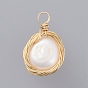Natural Baroque Pearl Keshi Pearl, Cultured Freshwater Pearl Pendants, with Real 18K Gold Plated Copper Wire, Oval