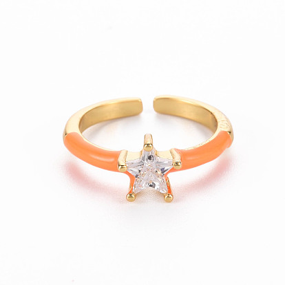 Brass Enamel Cuff Rings, Open Rings, Solitaire Rings, with Clear Cubic Zirconia, Nickel Free, Star, Golden