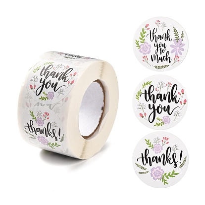 1.5 Inch Self-Adhesive Stickers, Roll Sticker, Flat Round with Flowers & Word Thank You, for Party Decorative Presents