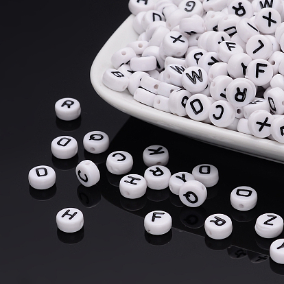 Perles de lettre de trou horizontal acrylique, plat rond, 7x4mm, Trou: 1mm