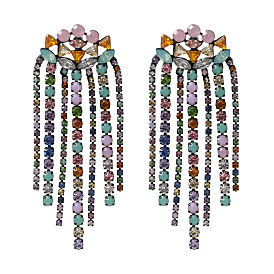 Exaggerated geometric tassel alloy inlaid diamond earrings for women
